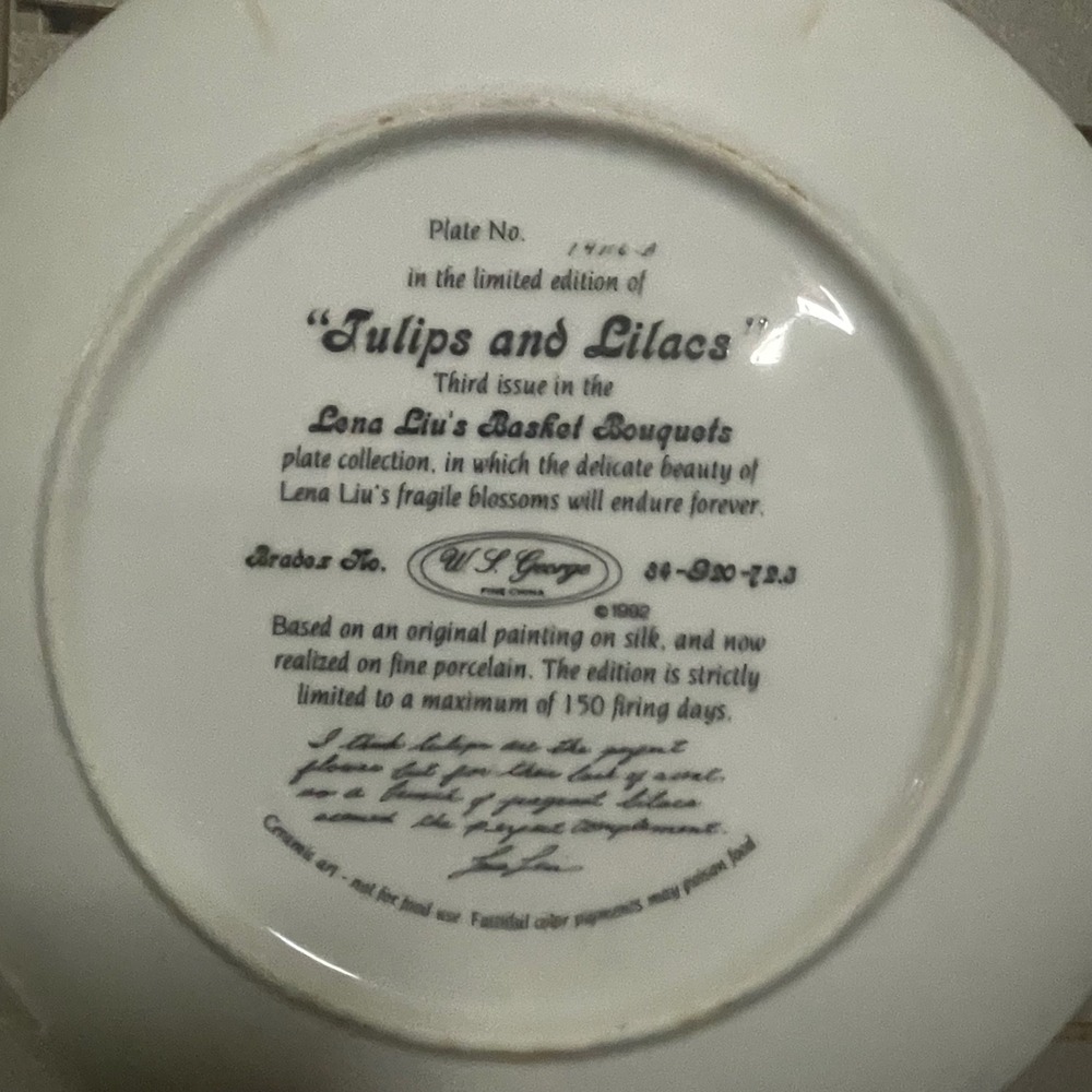 W.S. George Lena Liu Tulips and Lilacs Collector Plate Basket Bouquets 1992 8in - Picture 4 of 5